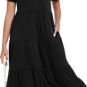 Women's Knit V Neck Casual Midi Dress with Pockets and Tiered Skirt